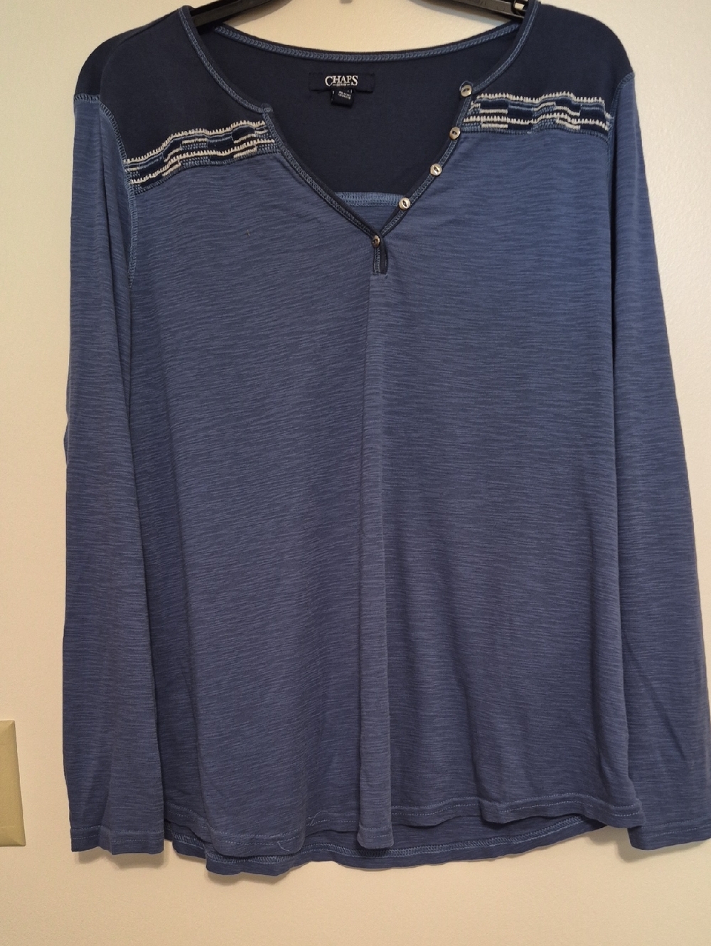 Chaps Dusty Blue Long Sleeve Henley Top with Navy Yoke & Embroidery SZ 1X